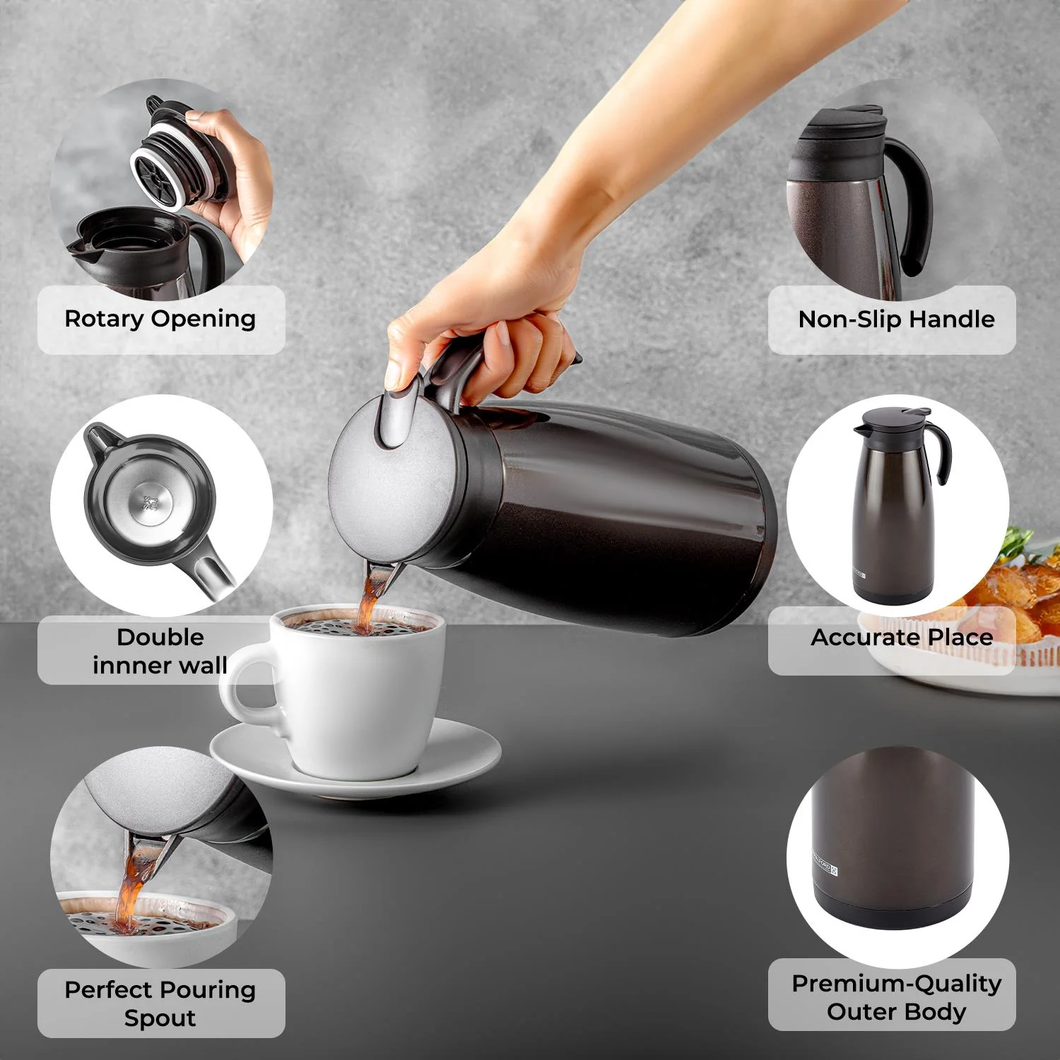 1.2L Double Walled Stainless Steel Thermal Carafe Jug - Image 2