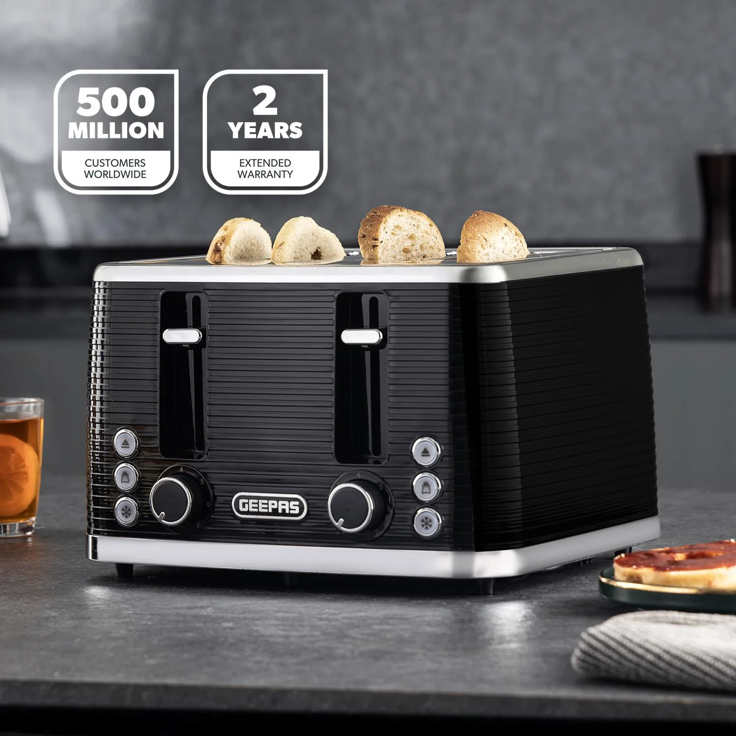 1.7L 3000W Electric Kettle & 4 Slice Toaster Kitchen Set Linear Black - Image 2