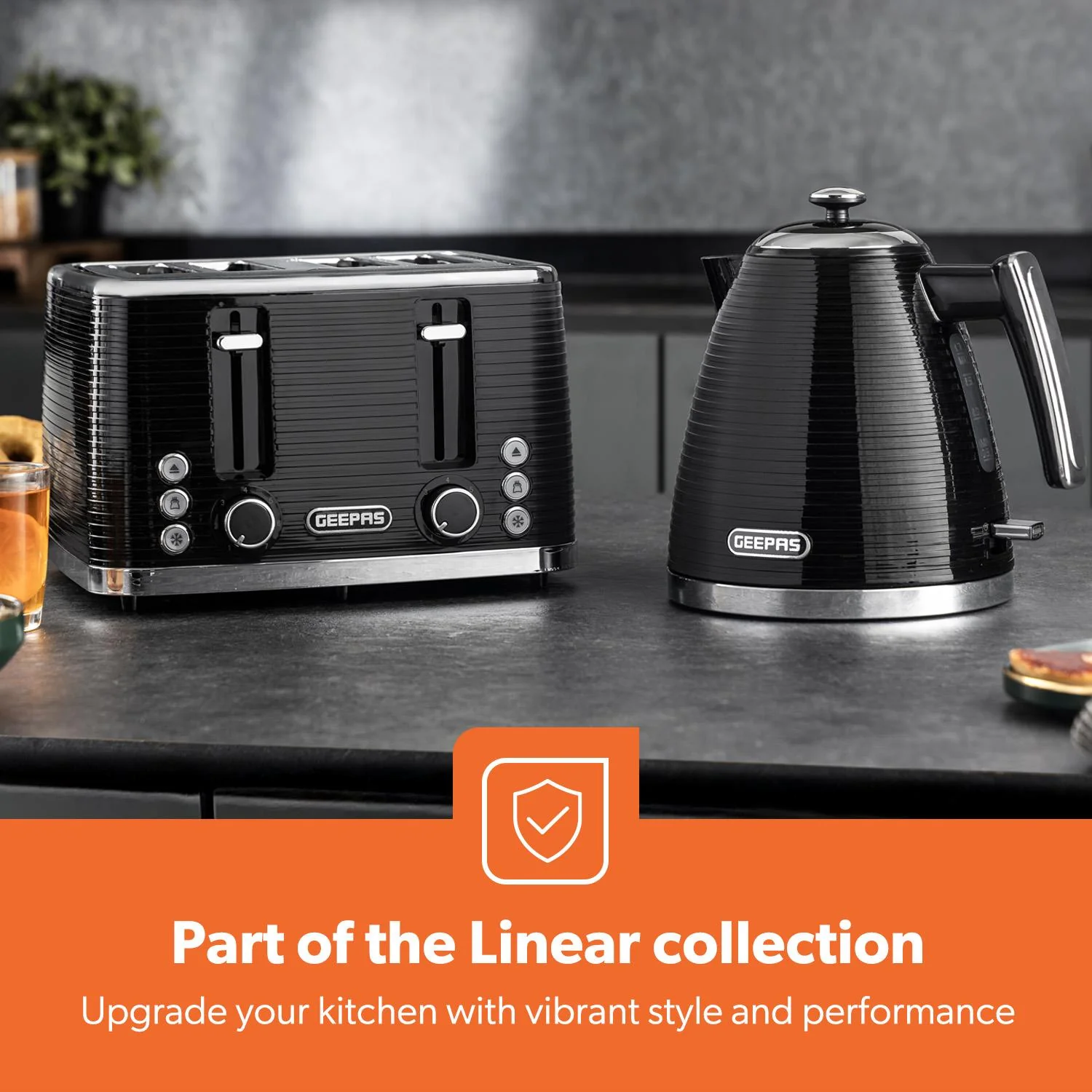 1.7L 3000W Electric Kettle & 4 Slice Toaster Kitchen Set Linear Black - Image 3