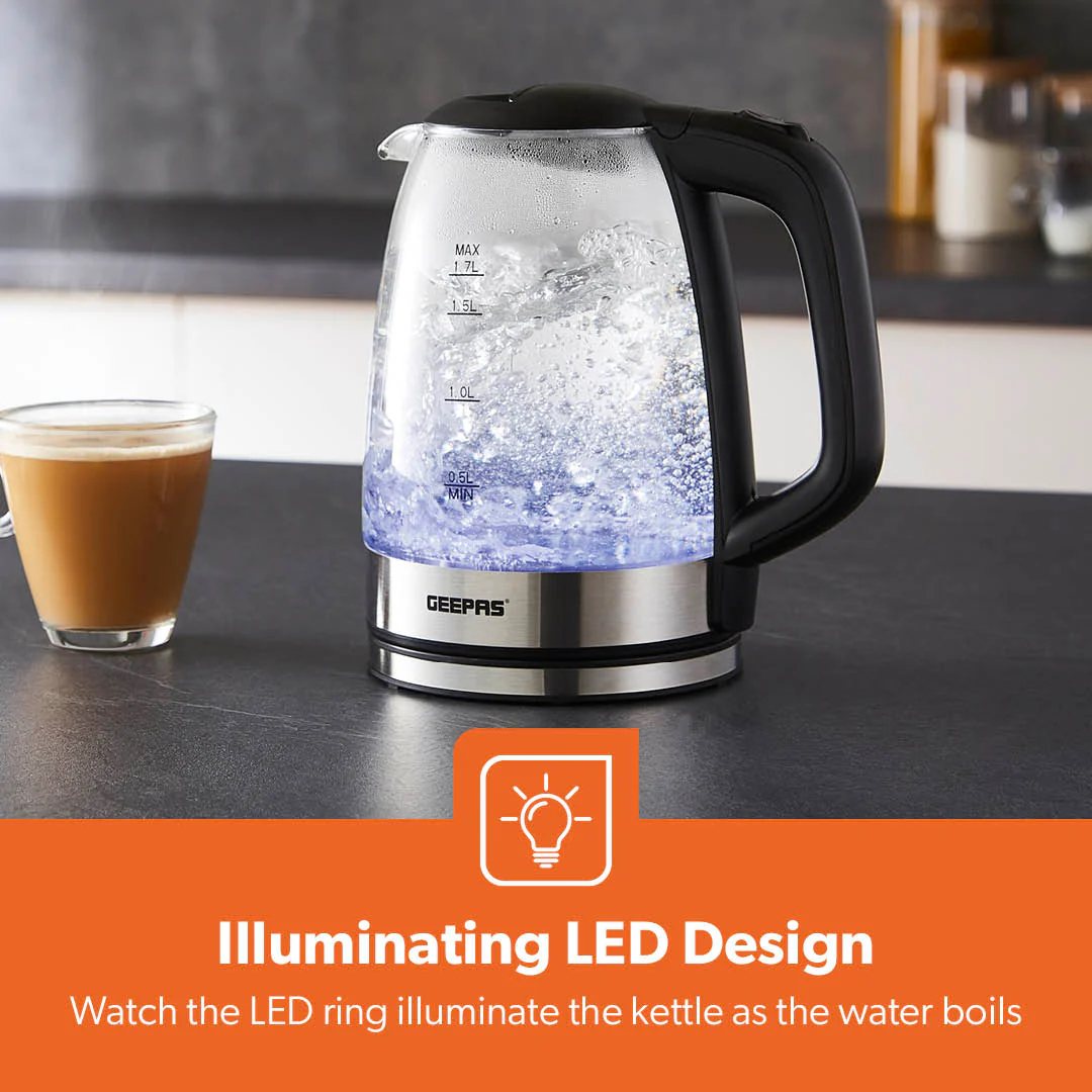 1.7L Black Rapid Boil Glass Electric Kettle With LED - Image 3
