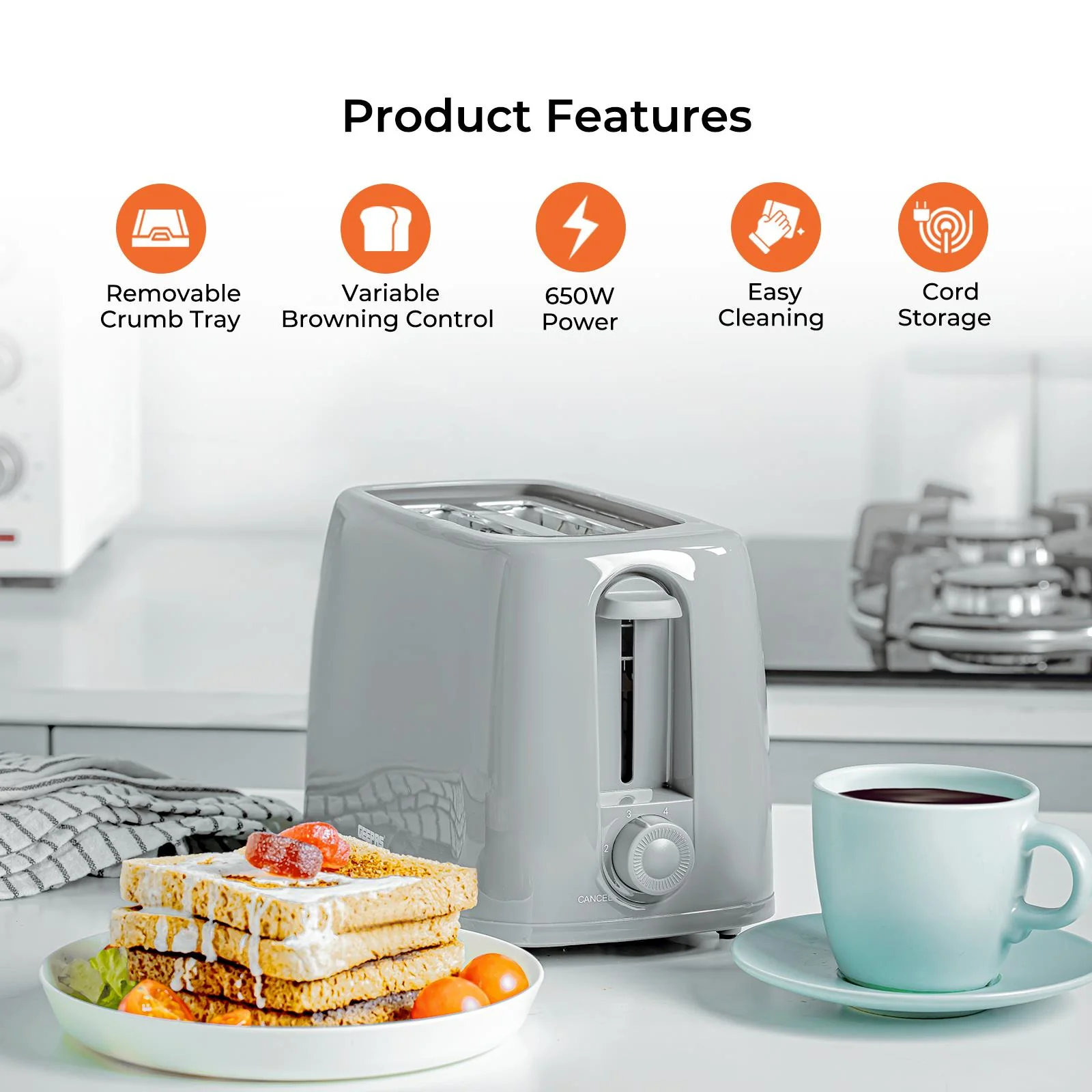 1.7L Electric Kettle & 650W 2 Slice Bread Toaster Combo Set Grey - Image 2
