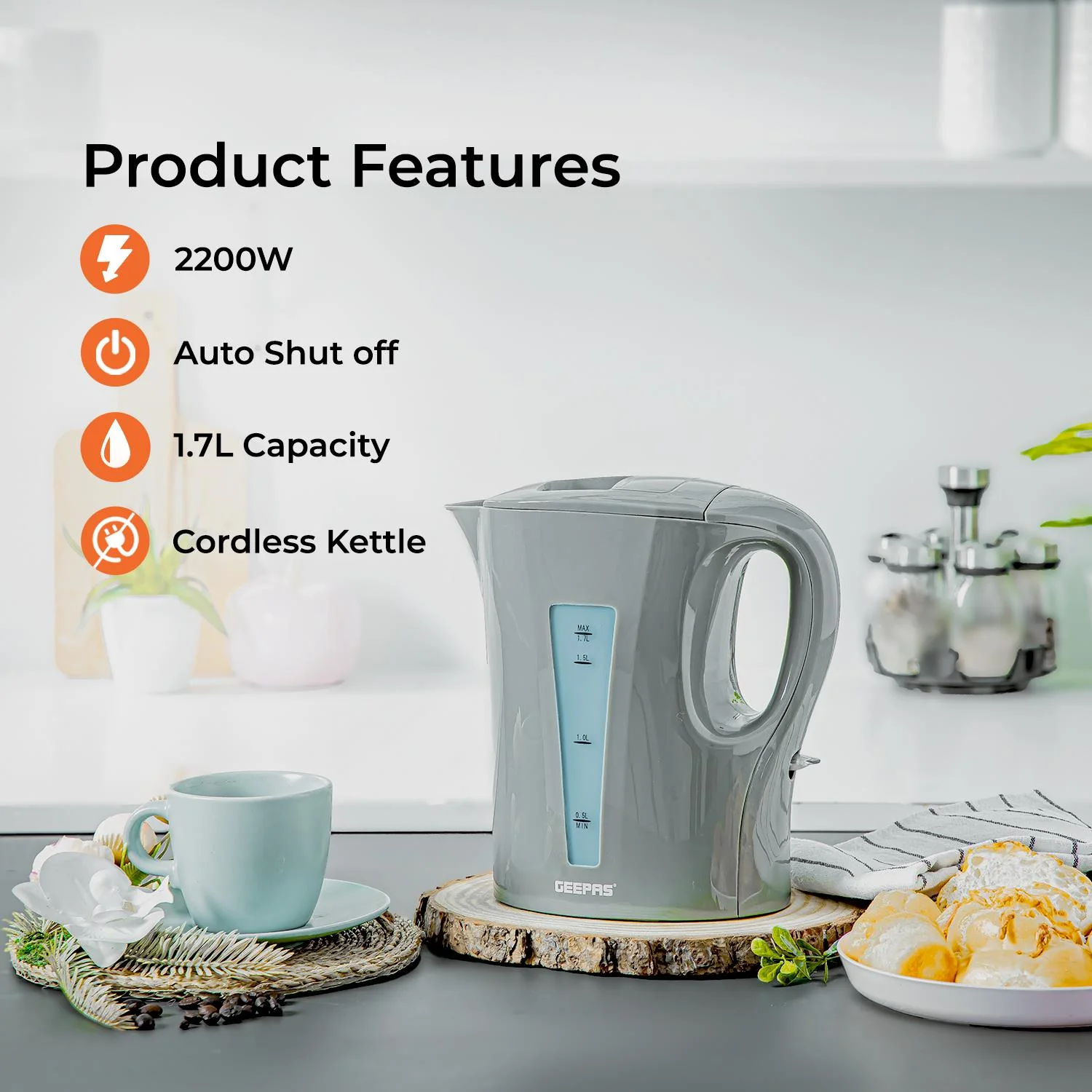 1.7L Electric Kettle & 650W 2 Slice Bread Toaster Combo Set Grey - Image 3