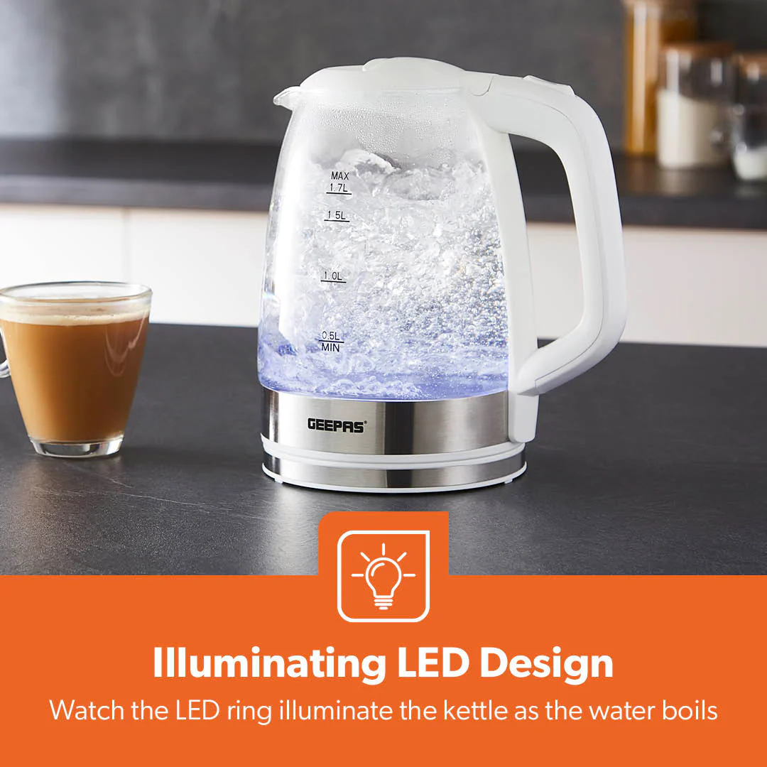 1.7L LED Rapid Boil White Glass Electric Kettle - Image 3
