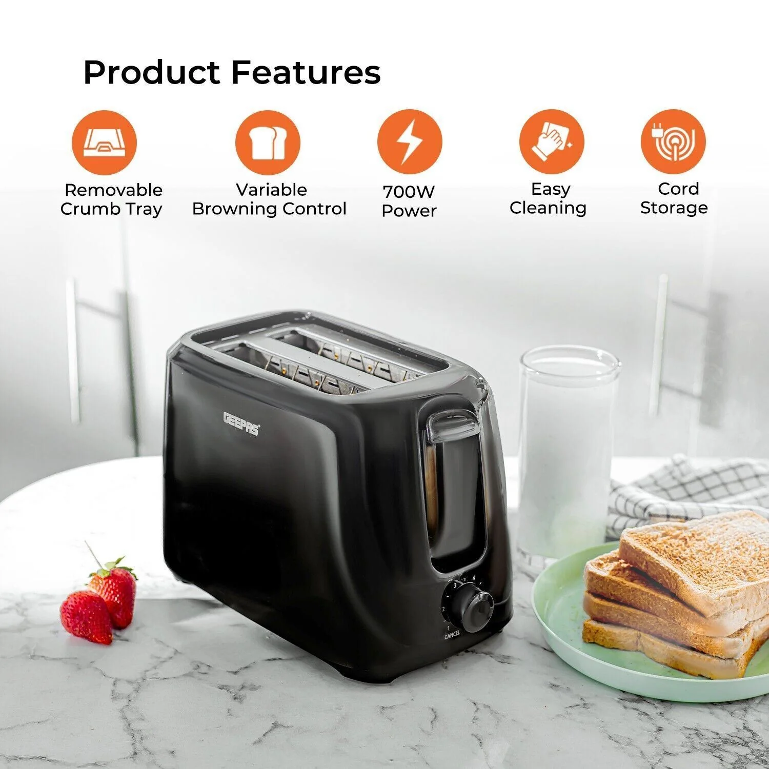 1.8L Black Electric Glass Kettle and Two-Slice Toaster Set - Image 5