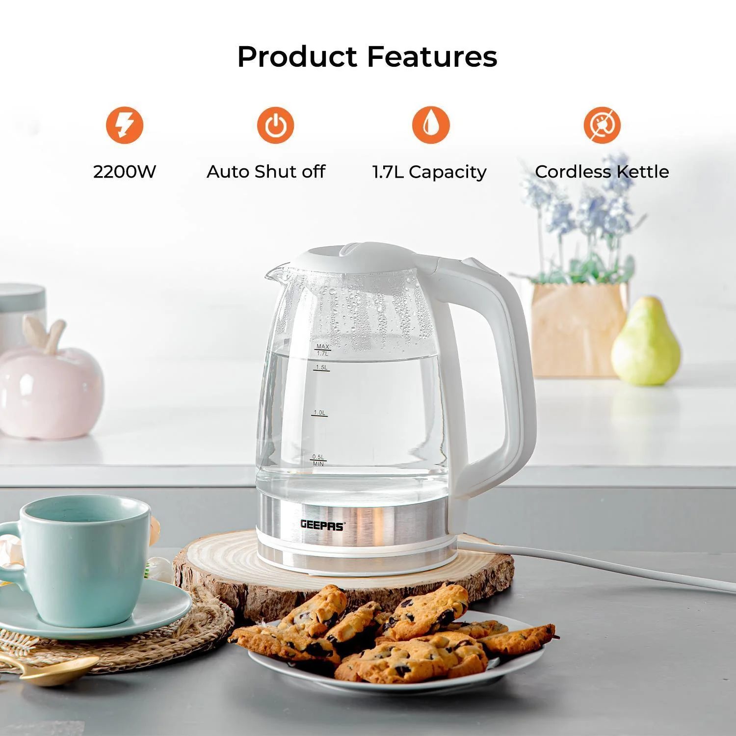 1.8L White Glass Kettle and White Two-Slice Toaster Set - Image 3