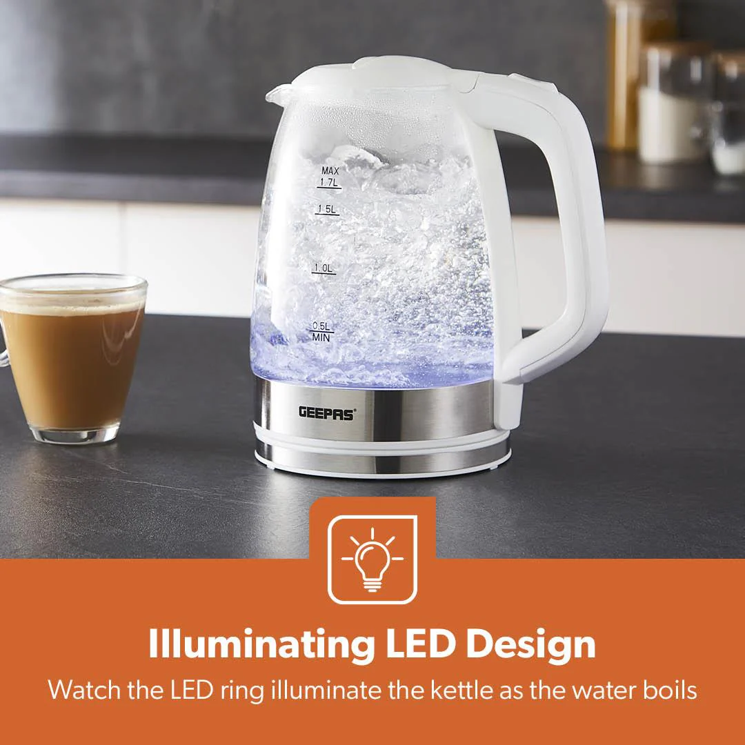 1.8L LED Glass Kettle and 4 Slice Toaster Set In White - Image 2