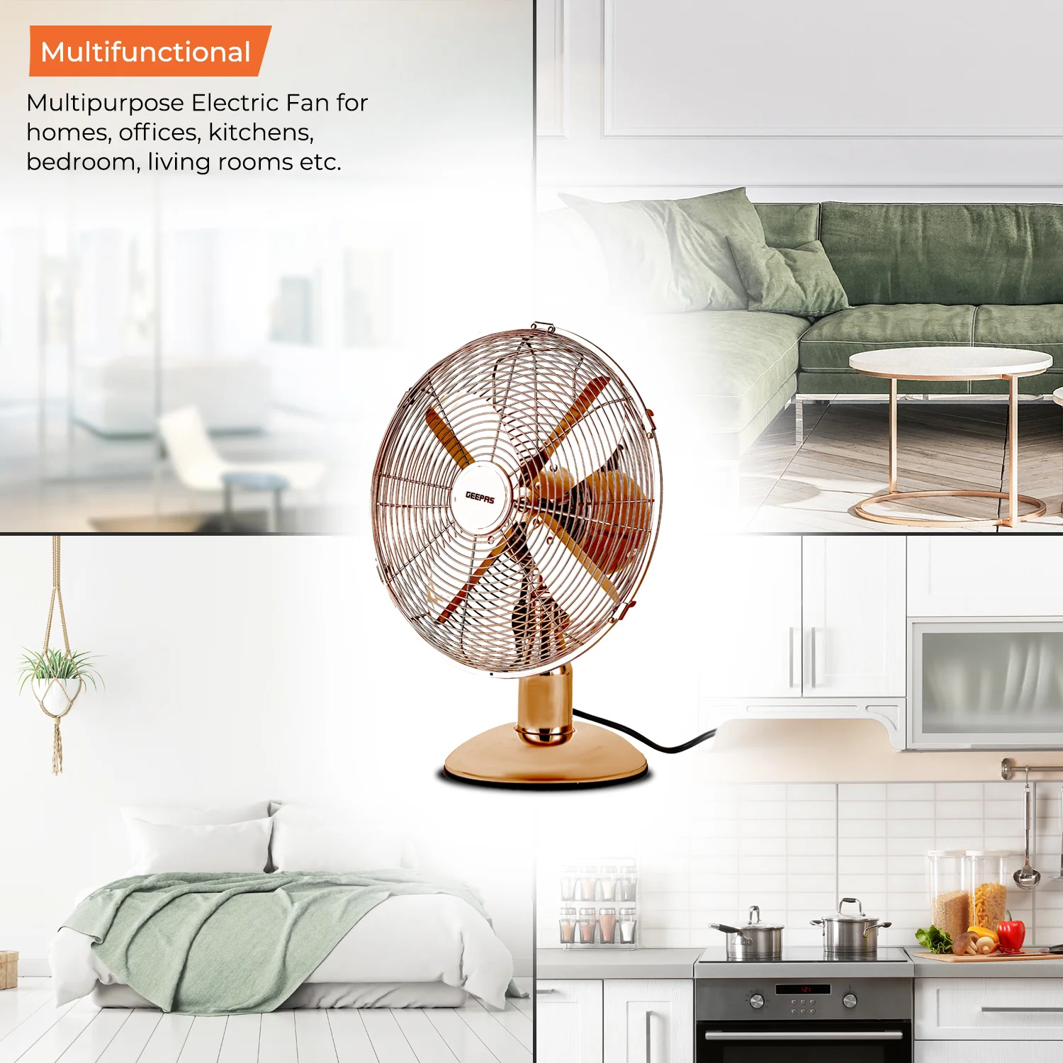 12" Copper Metal Oscillating Desk Fan 35W - Image 3