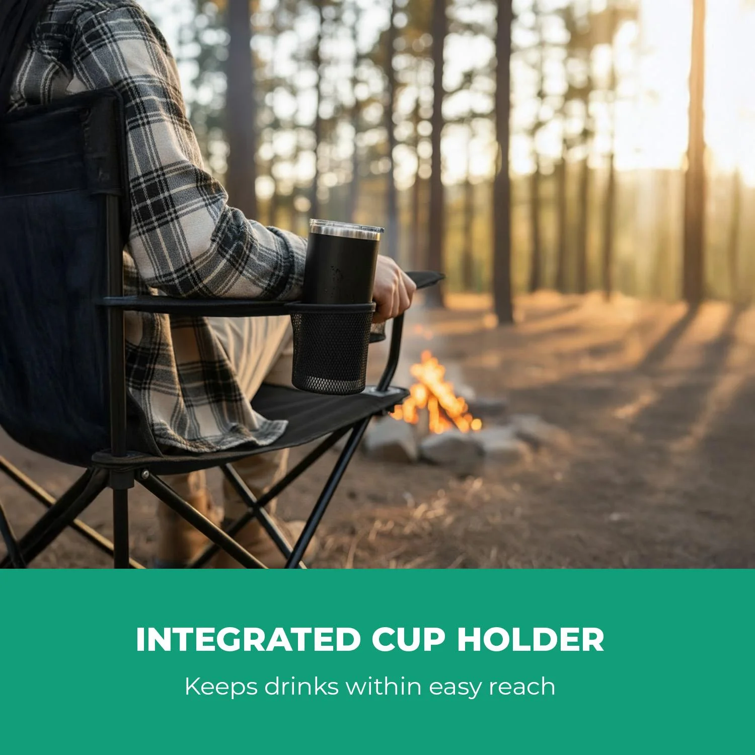 120kg Black Folding Camping Chair With Mesh Cup Holder - Image 3