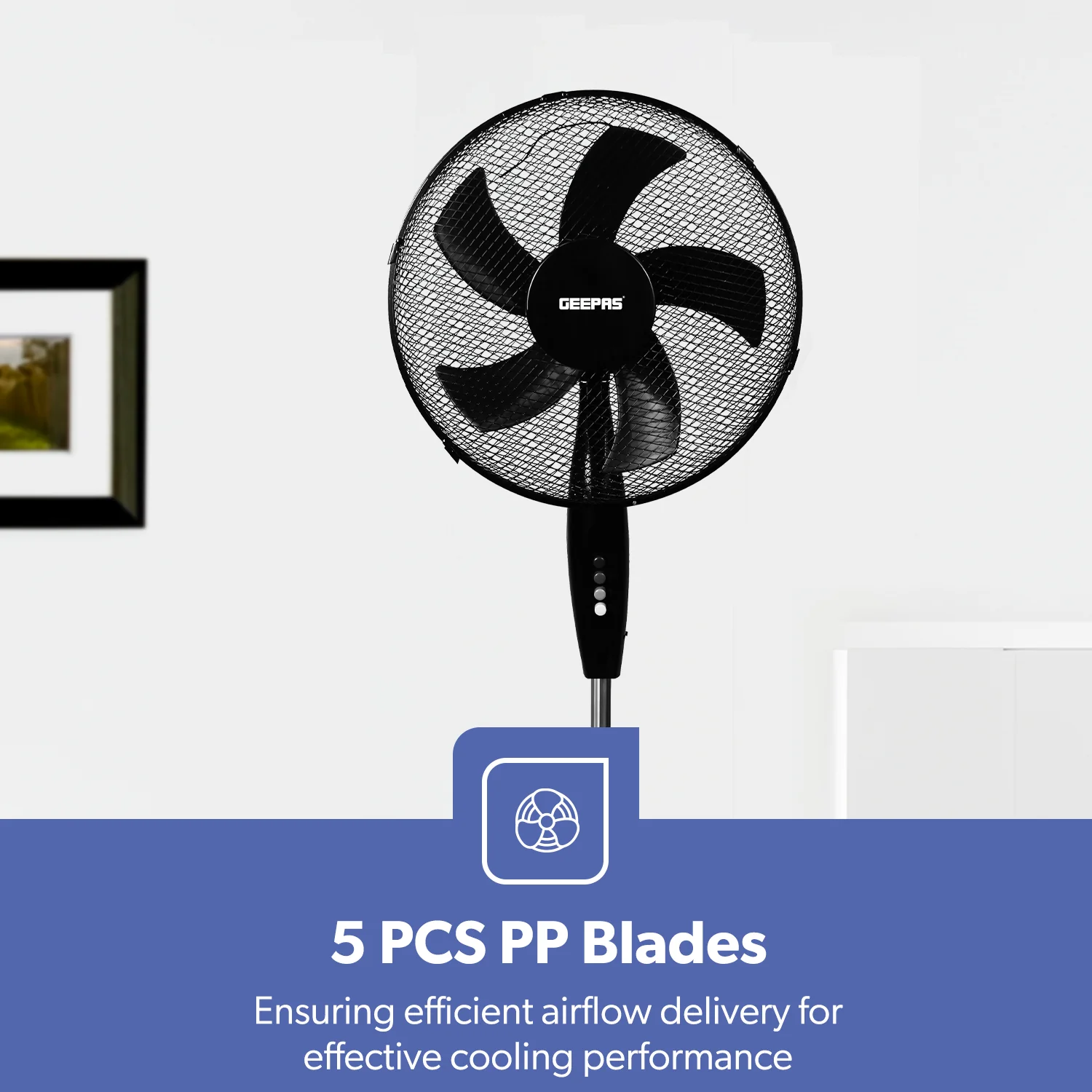 16-Inch 5-Blade Pedestal Fan - Adjustable Height, Oscillating, Black - Image 7