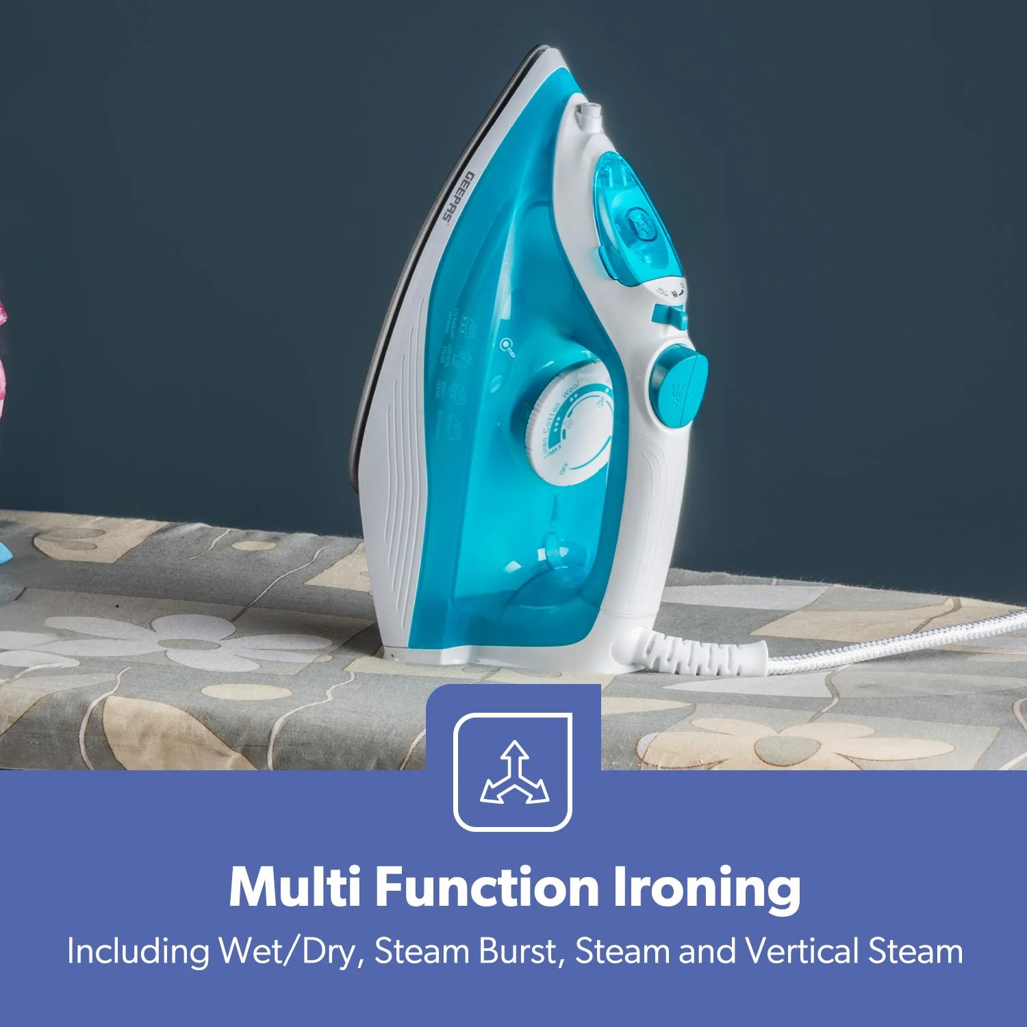 1600W Blue Non-Stick Soleplate Dry/Steam Iron - Image 7