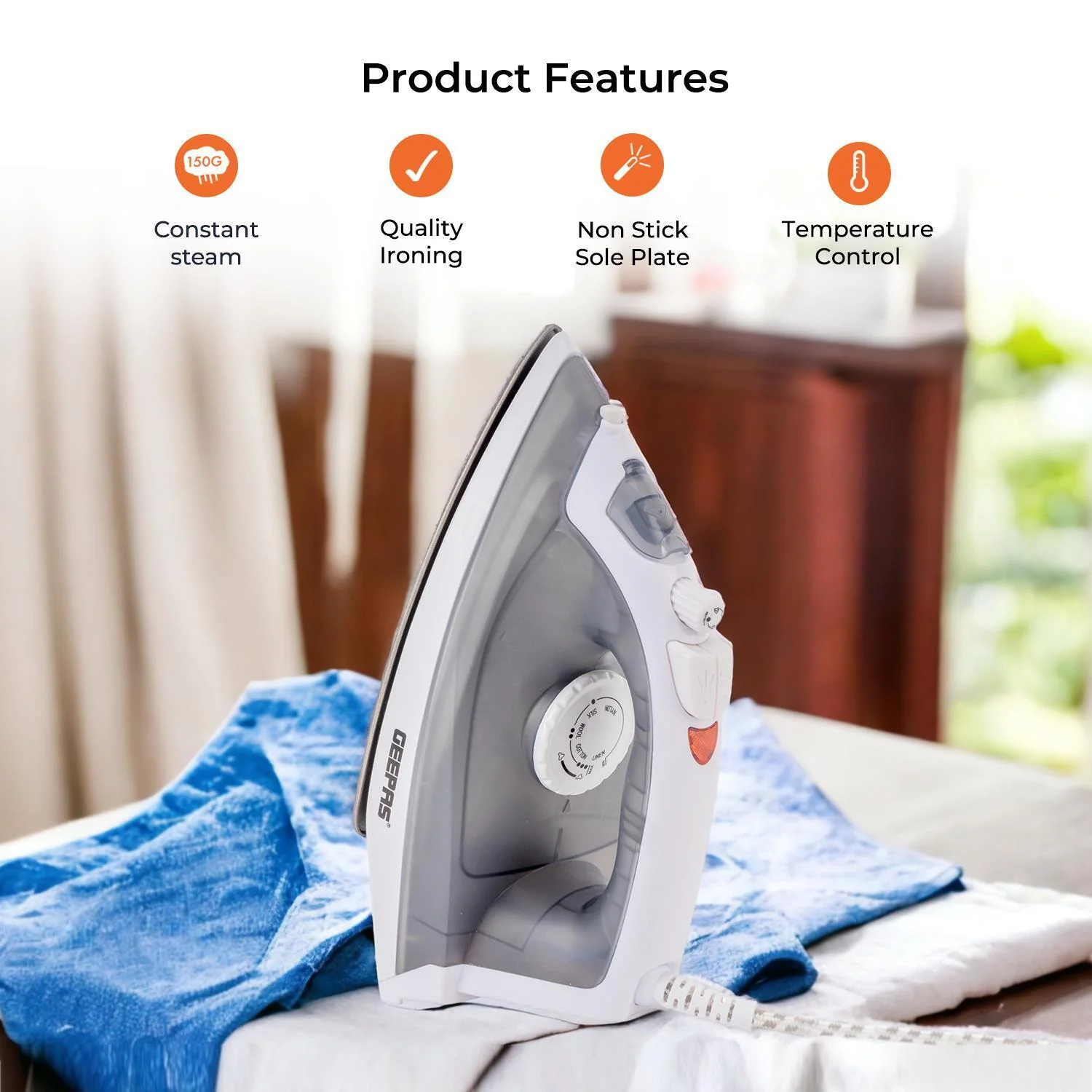 1600W Grey Steam Iron with Non-Stick Soleplate and Adjustable Temperature - Image 2