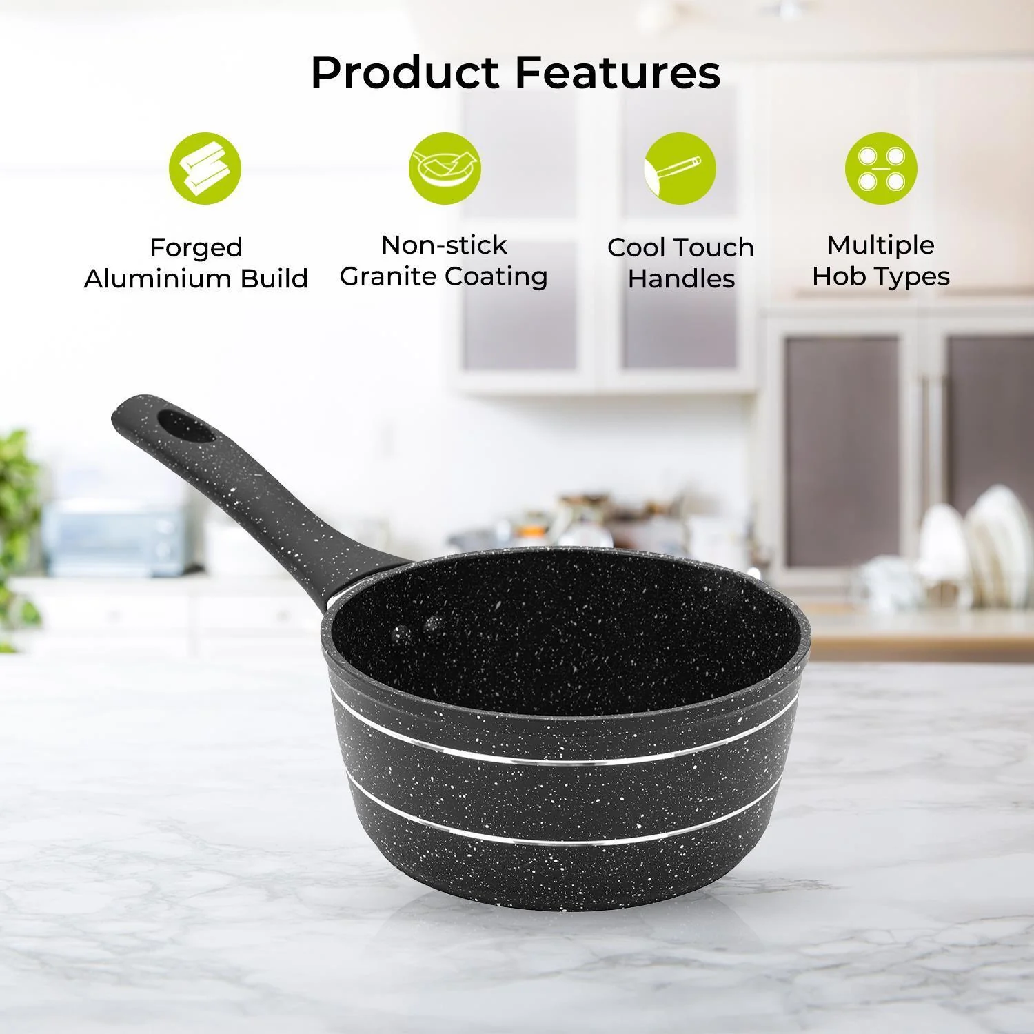 16cm Aluminium Non-Stick Black Granite Saucepan - Image 2