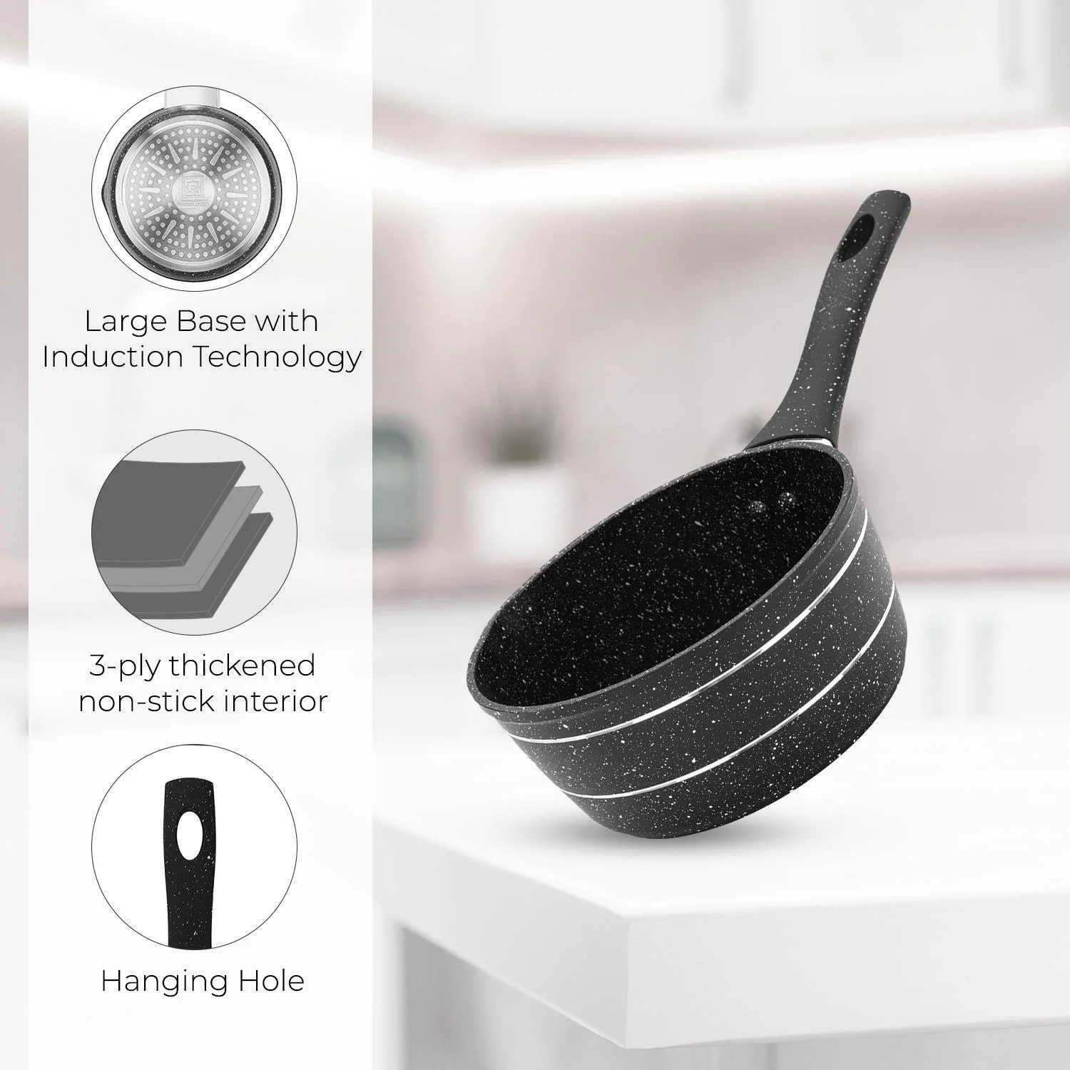 16cm Aluminium Non-Stick Black Granite Saucepan - Image 6