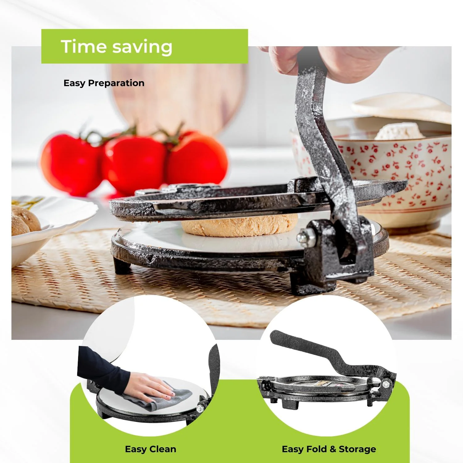 18.5cm Black Cast Iron Chapati Maker and Roti Press - Image 3
