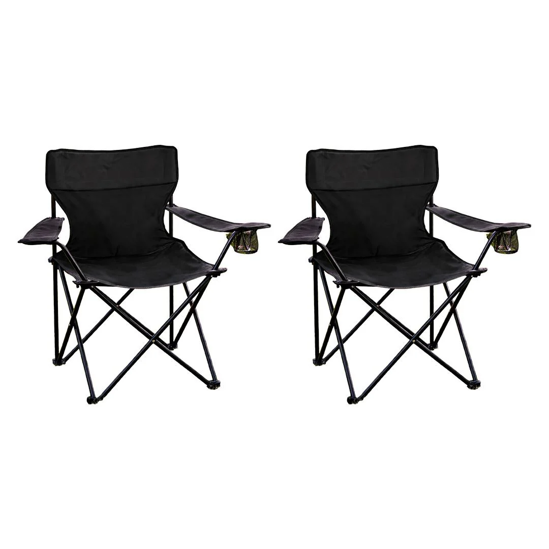 2-Pack Black Folding Camping Chairs With Integrated Cup Holder