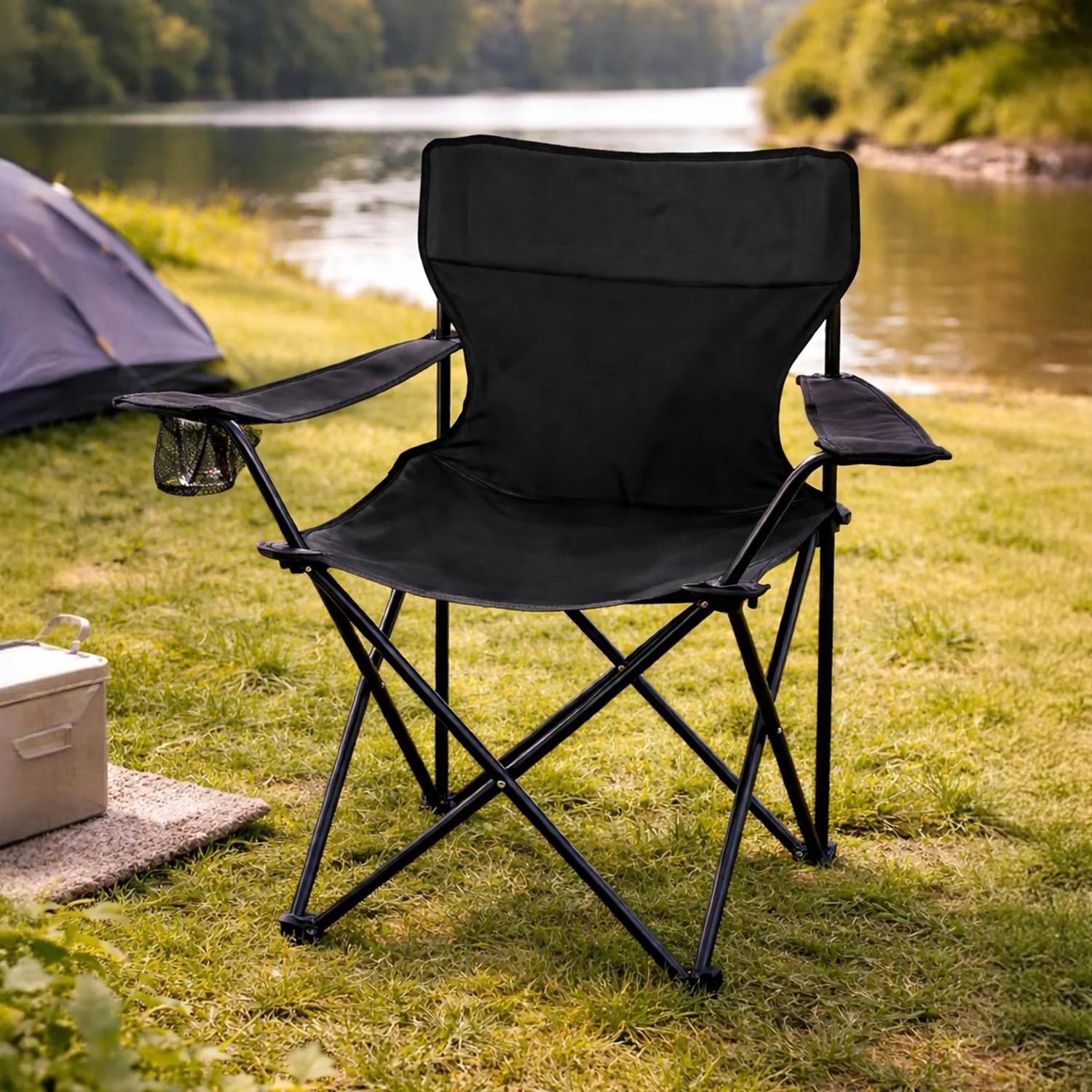 2-Pack Black Folding Camping Chairs With Integrated Cup Holder - Image 2