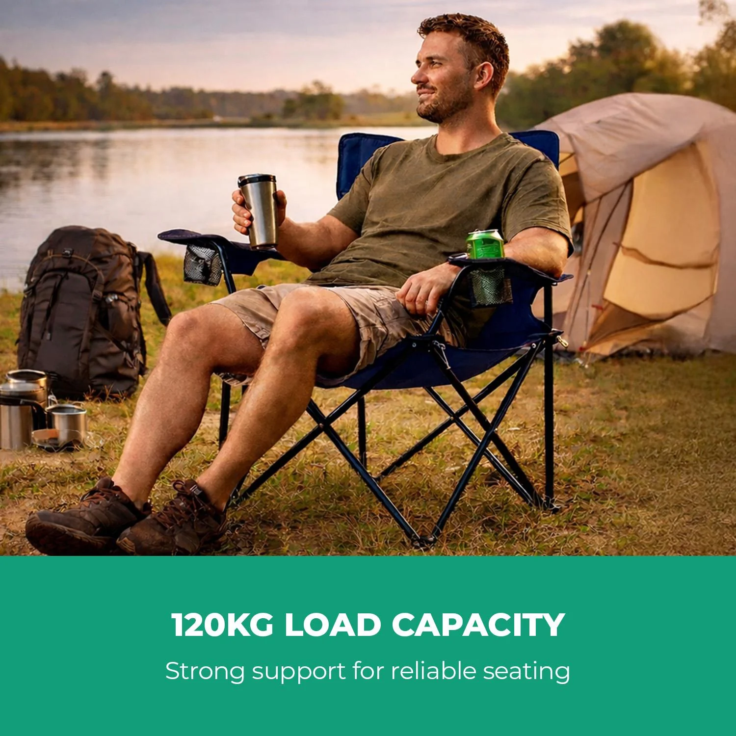 2-Pack Blue Folding Camping Chairs With Integrated Cup Holder - Image 3