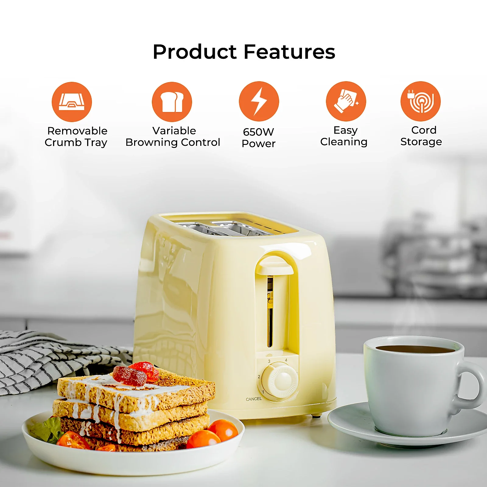 2 Slice Bread Toaster 6 Level Browning Control with Crumb Tray - Image 2