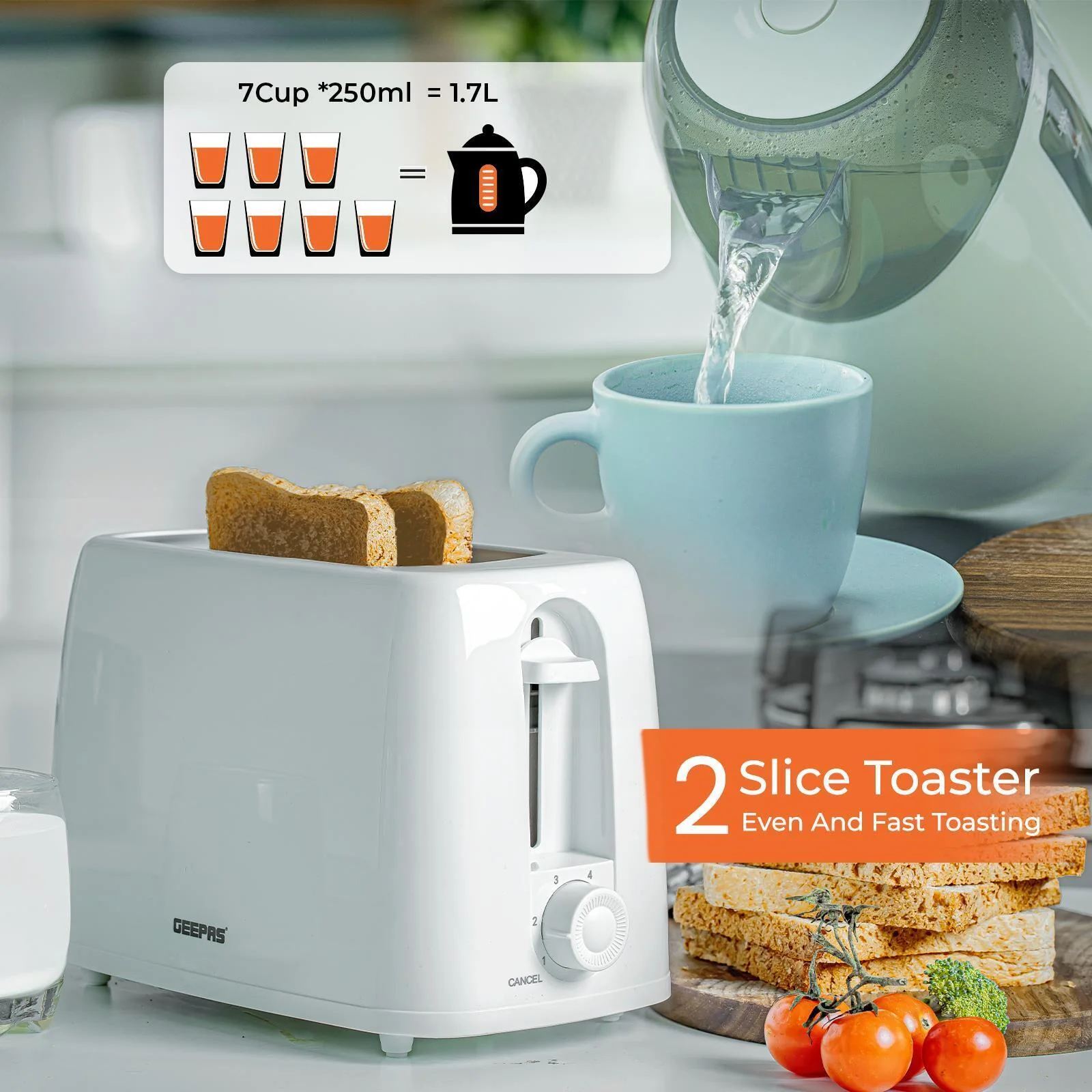 White 2-Slice & 1.7L Illuminating LED Kettle and Toaster Set - Image 5