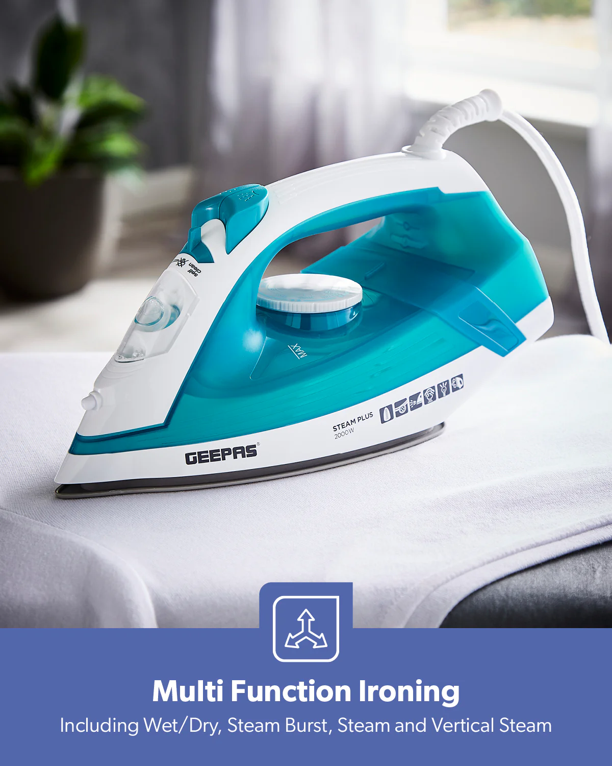 2000W Ceramic Soleplate Dry/Steam Iron 220ML Blue - Image 3