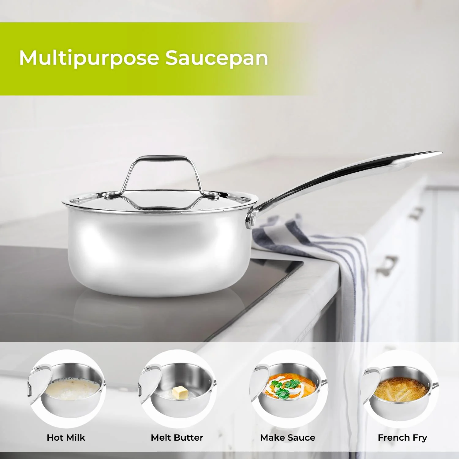 20cm Stainless Steel Tri-Ply Saucepan With Lid - Image 4