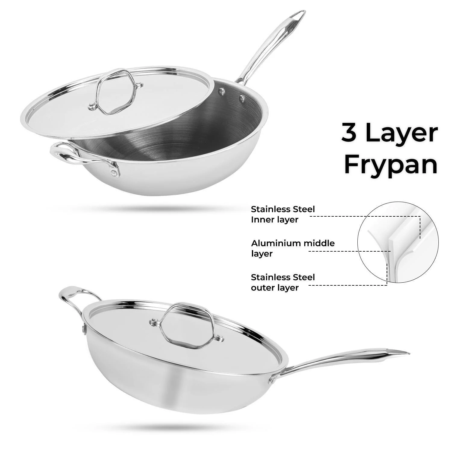 24cm Triply Induction Stainless Steel Wok Pan With Lid - Image 4