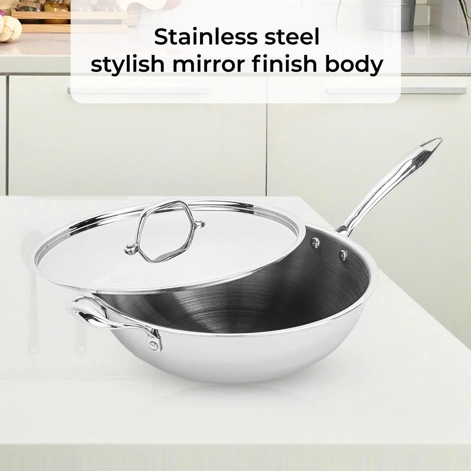 24cm Triply Induction Stainless Steel Wok Pan With Lid - Image 6
