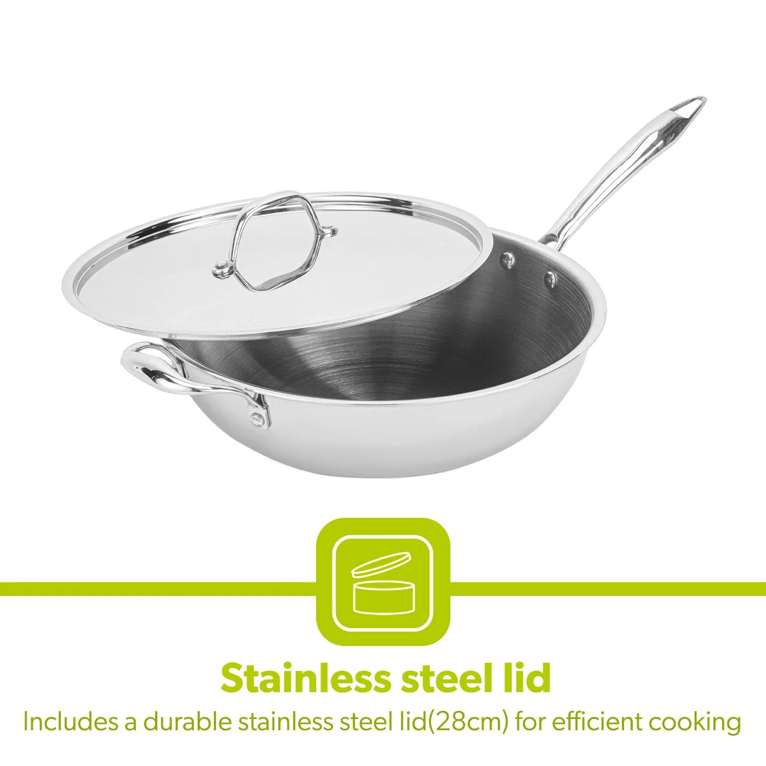 28cm Stainless Steel Tri-Ply Wok Pan With Lid - Image 6