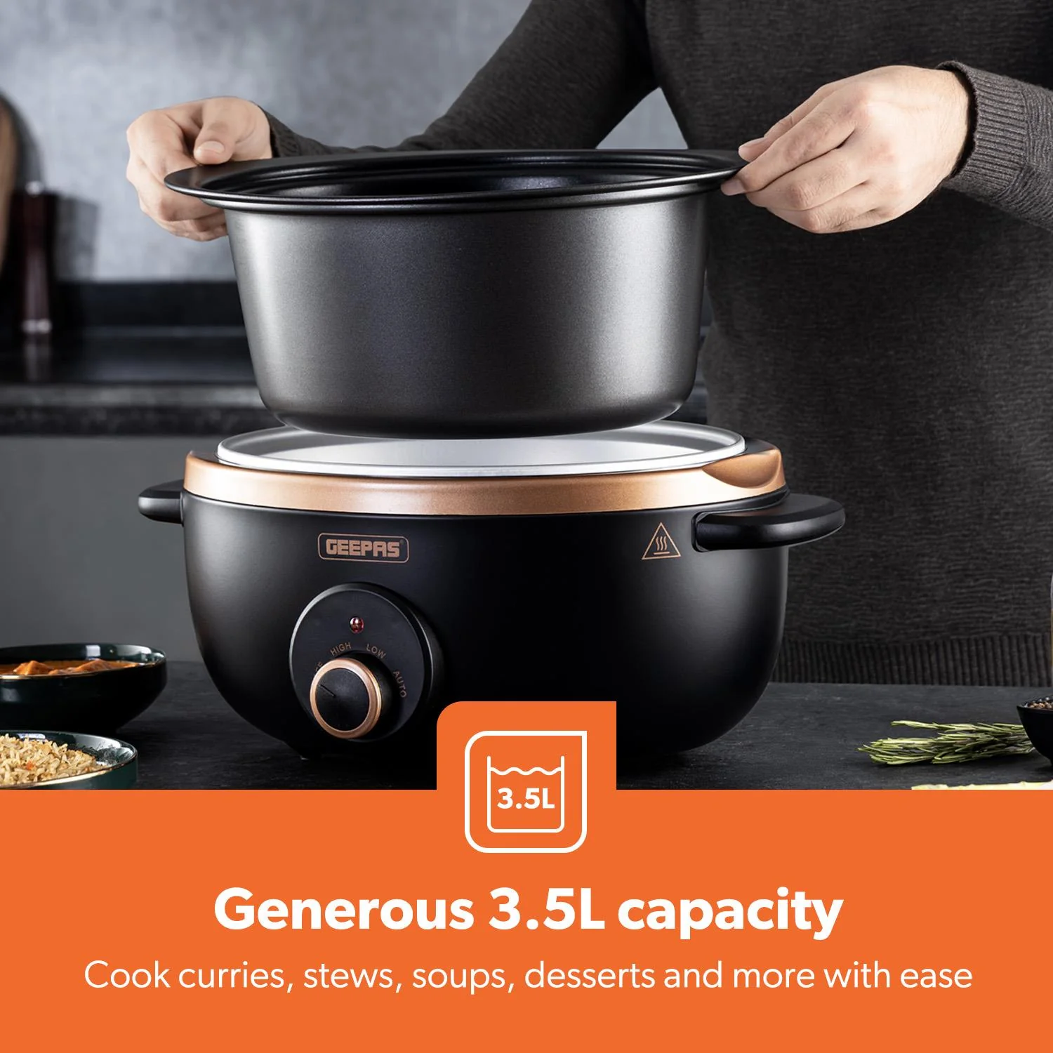 3.5L Black and Gold Matte Slow Cooker With 3 Heat Settings - Image 5