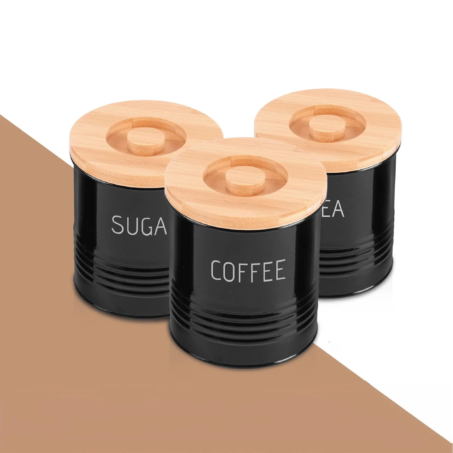 3-Piece Black Tea, Coffee and Sugar Kitchen Storage Canister Jars - Image 2