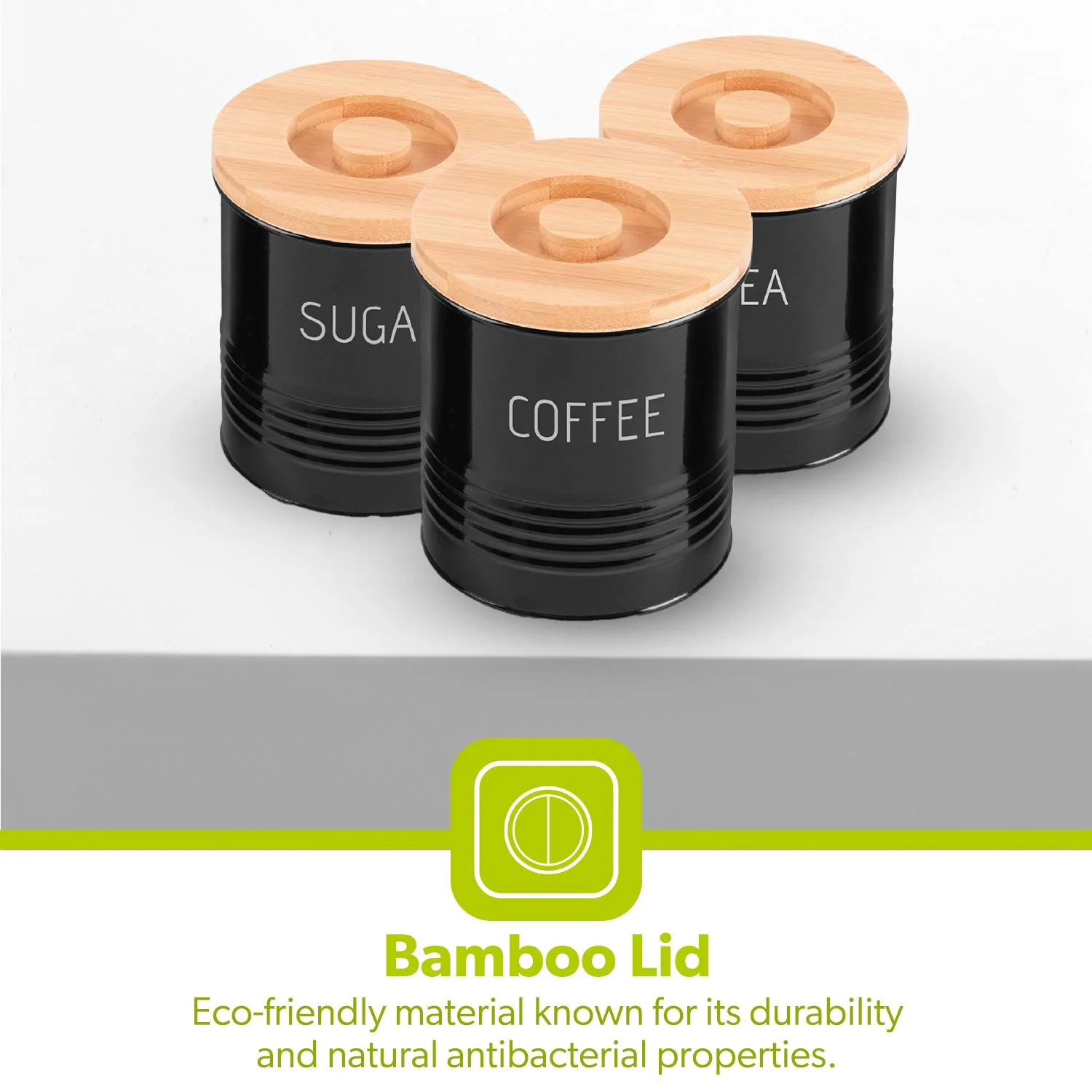 3-Piece Black Tea, Coffee and Sugar Kitchen Storage Canister Jars - Image 4