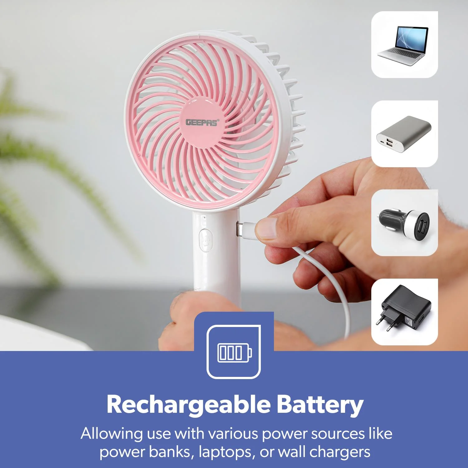 3-Speed White and Pink Handheld Mini Fan - Image 4