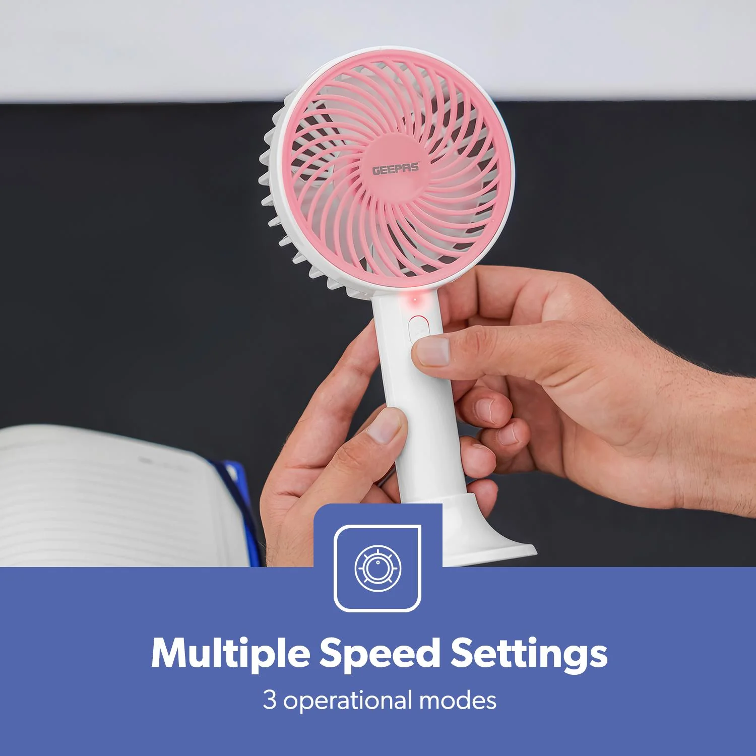 3-Speed White and Pink Handheld Mini Fan - Image 5