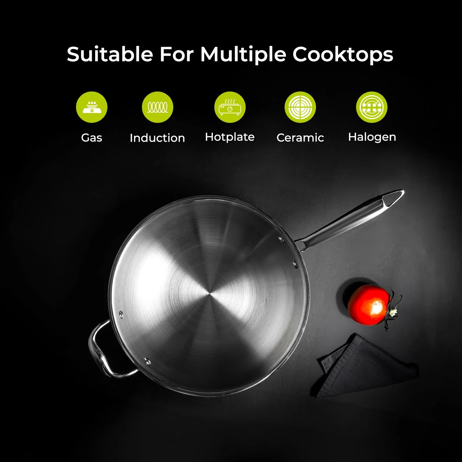 30cm Triply Stainless Steel Wok Pan With Lid - Image 3