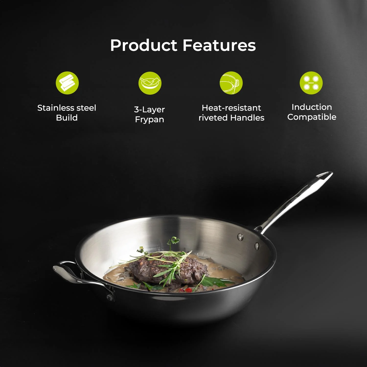 30cm Triply Stainless Steel Wok Pan With Lid - Image 4
