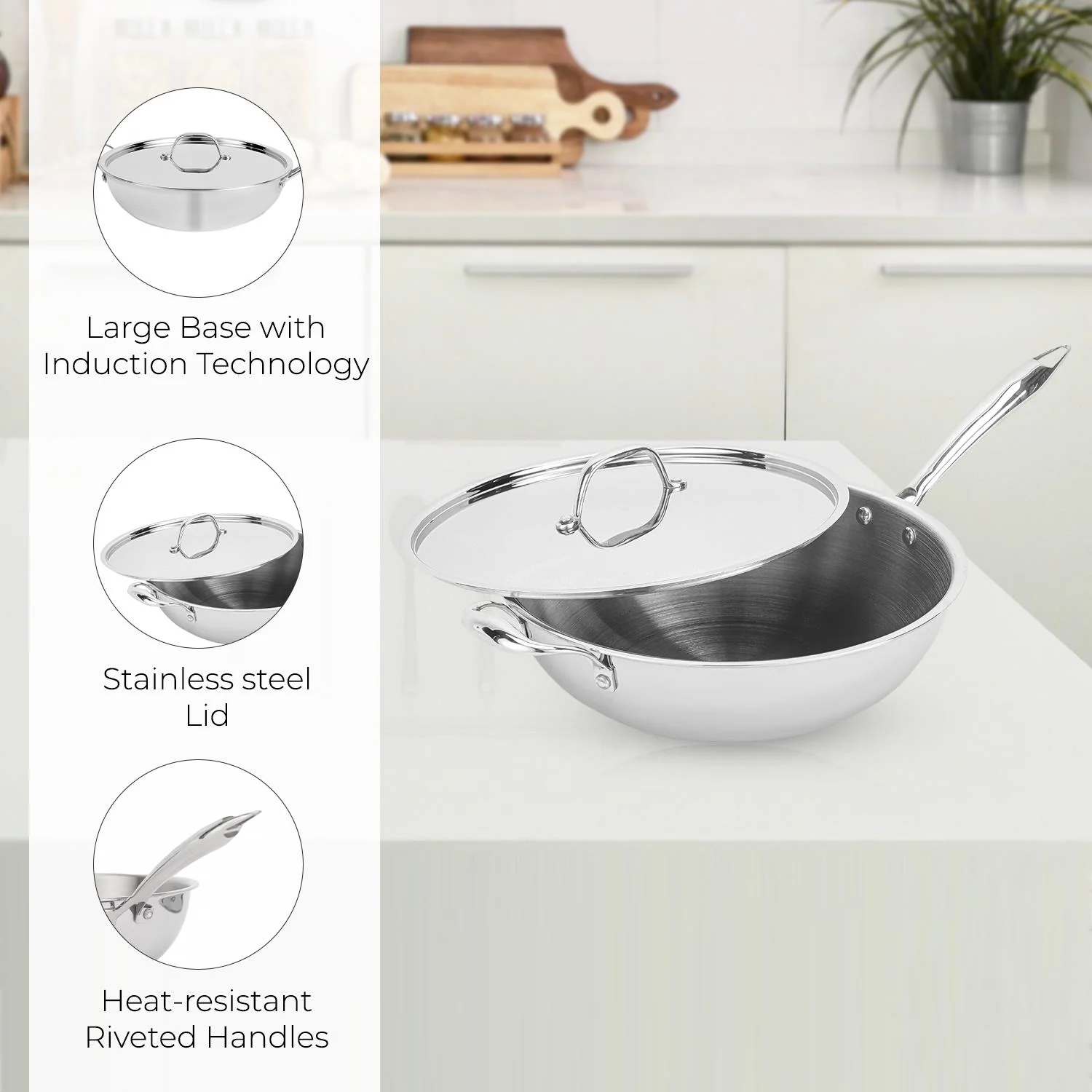 30cm Triply Stainless Steel Wok Pan With Lid - Image 5