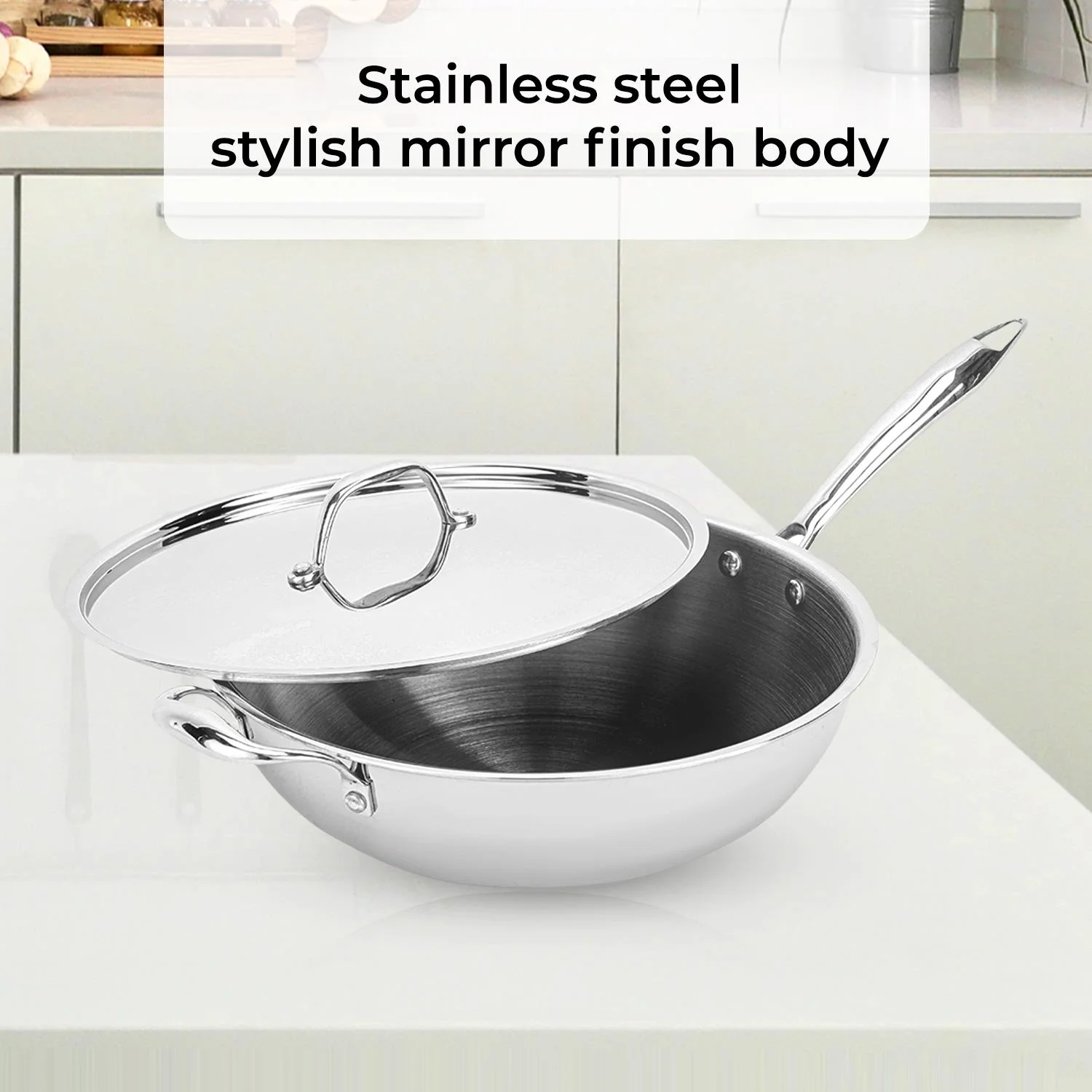 30cm Triply Stainless Steel Wok Pan With Lid - Image 6