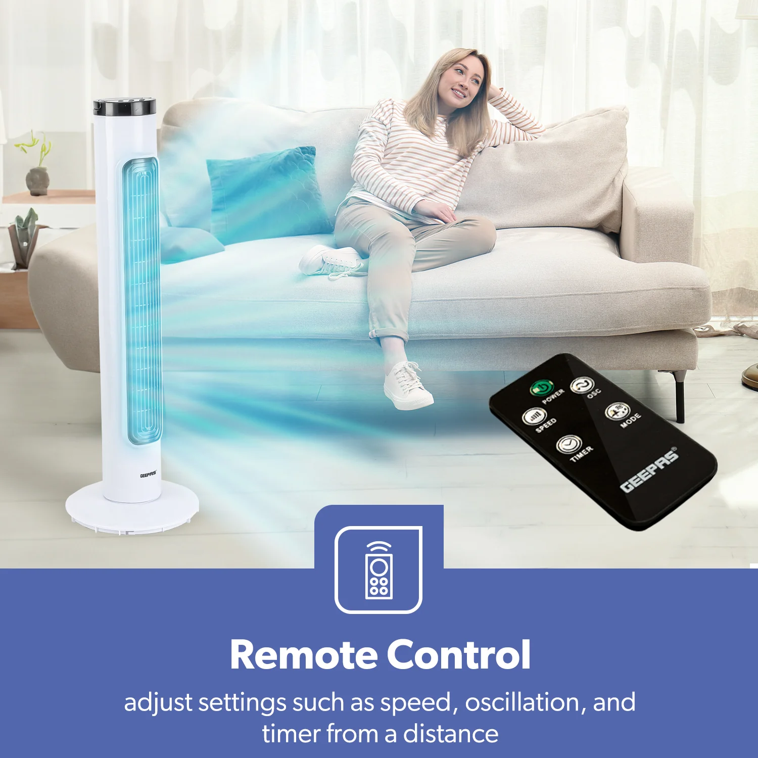 32-Inch Bladeless Tower Fan with 3 Speeds and Remote Control - Image 3