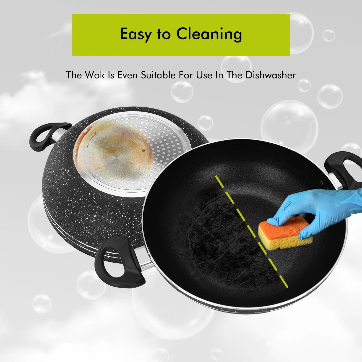 32cm Non-Stick Induction Wok Pan with Glass Lid - Image 4