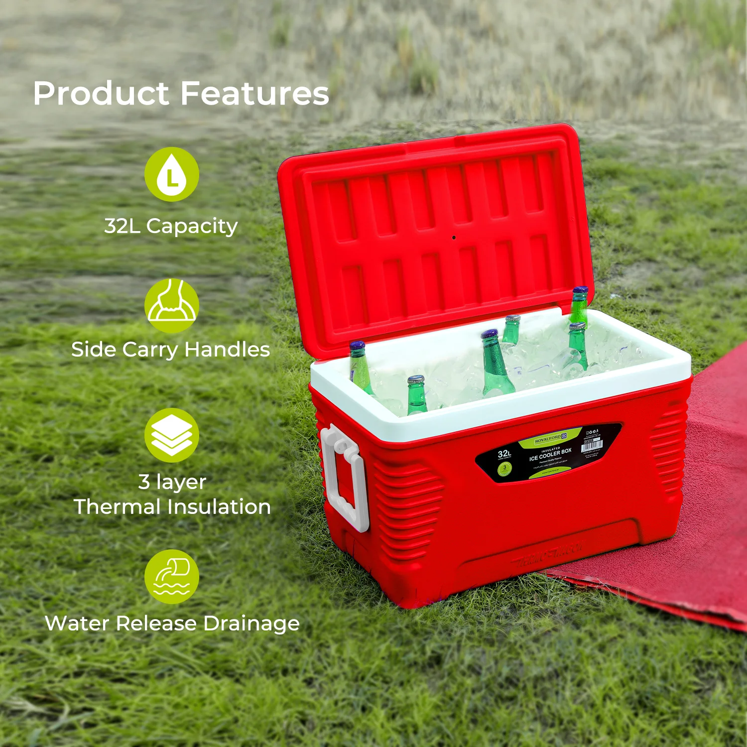 32L Portable Insulated Red Ice Cooler Box - Image 2