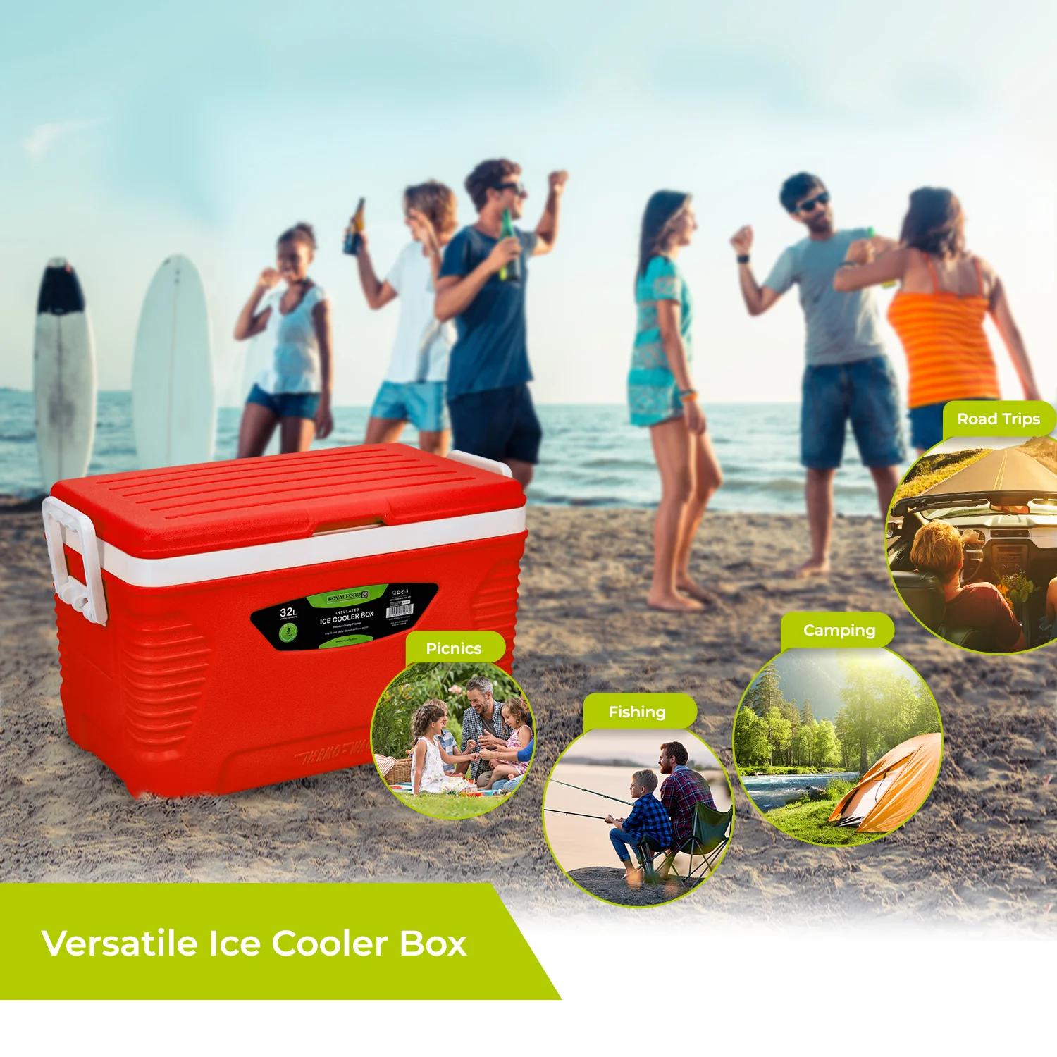 32L Portable Insulated Red Ice Cooler Box - Image 3