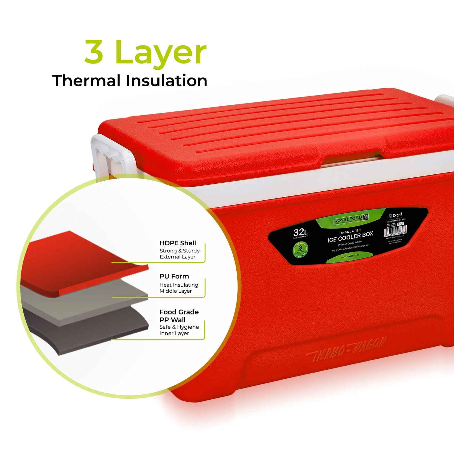 32L Red Insulated Ice Cooler Box For Camping - Image 3