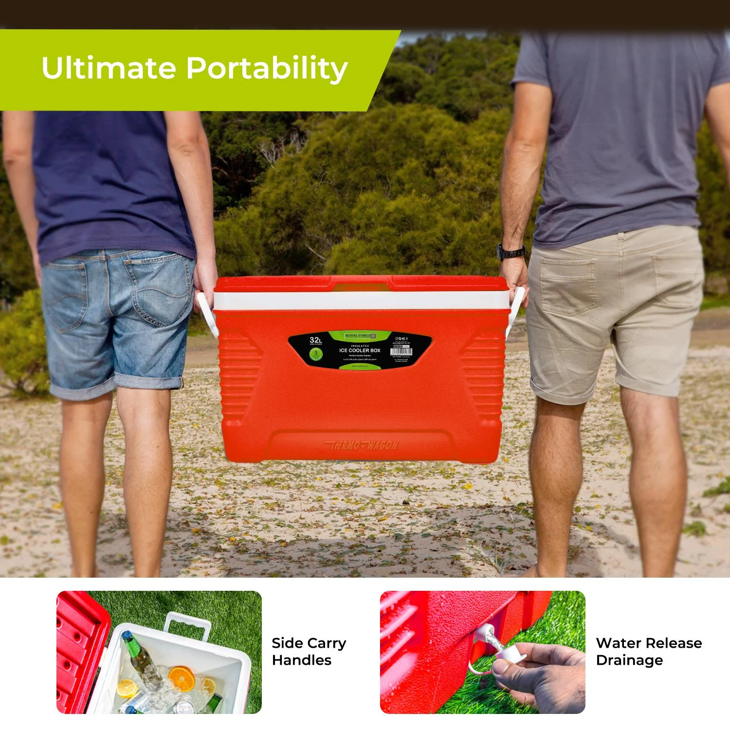 32L Red Insulated Ice Cooler Box For Camping - Image 5