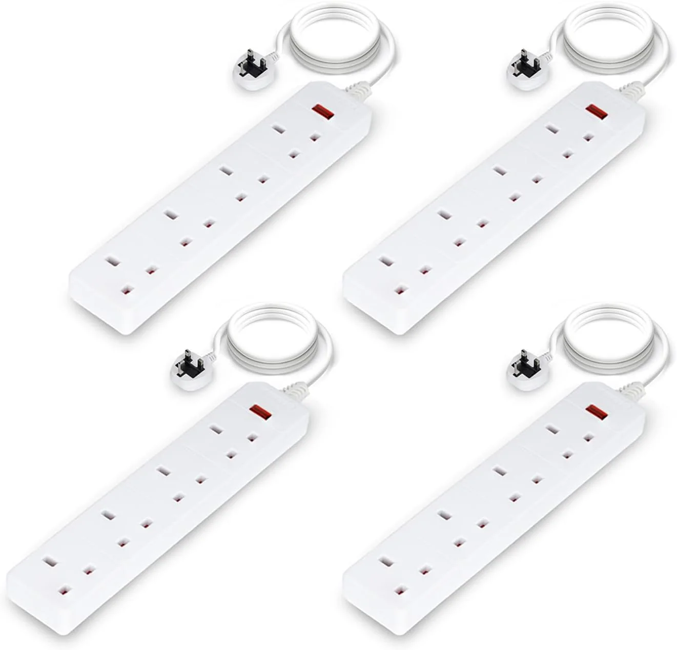 4 Pack White 4 Gang Extension Leads With 2 Metre Cable