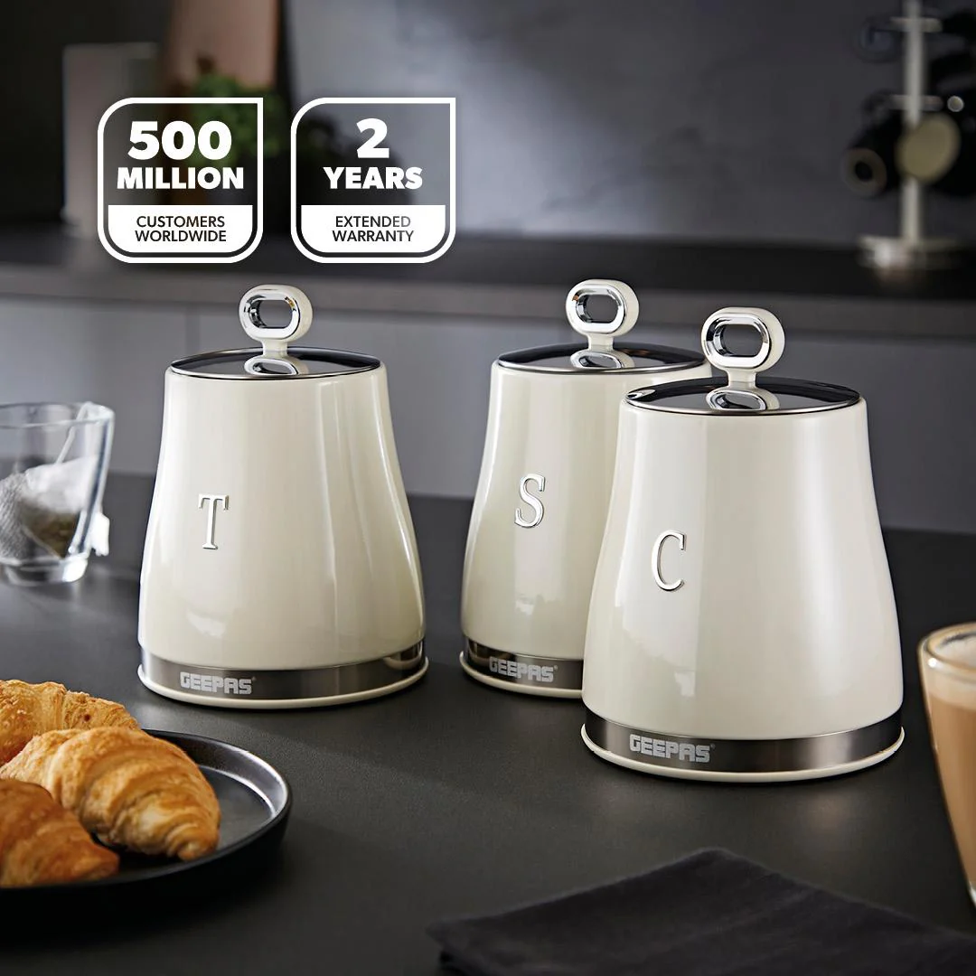 4 Piece Tea, Coffee, Sugar Canisters & 13L Bread Bin Set Retrovive - Image 3