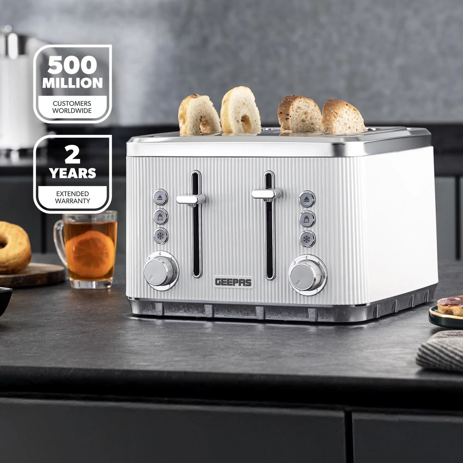 4 Slice Toaster 7 Browning Defrost Reheat Function 1860W Arcus White - Image 2