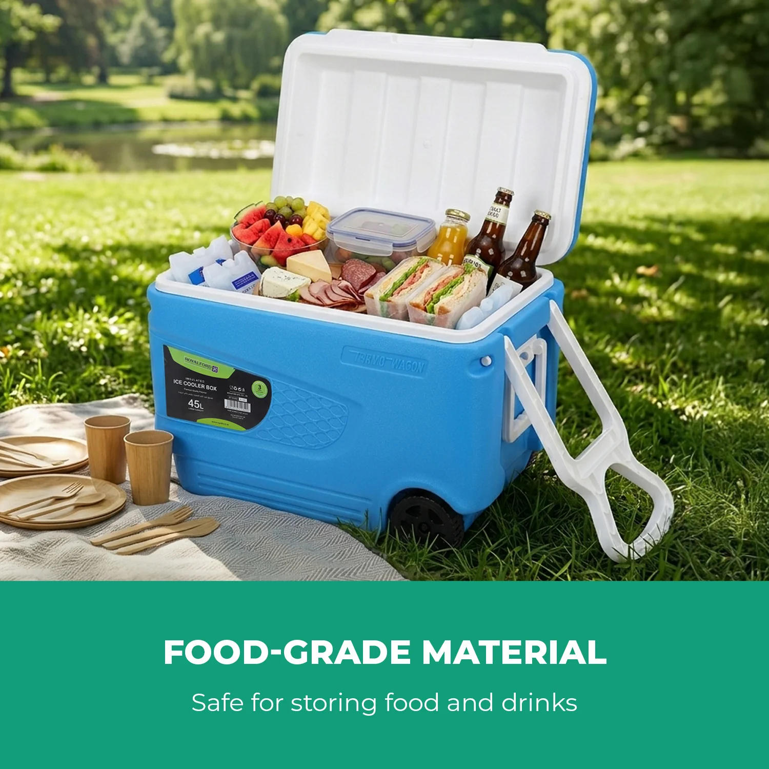 45L Large Blue Insulated Ice Cooler Chest With Wheels - Image 3