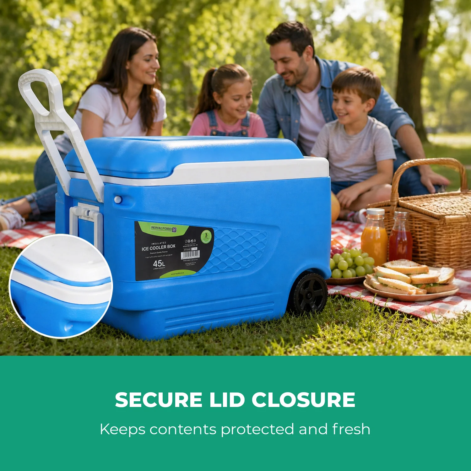 45L Large Blue Insulated Ice Cooler Chest With Wheels - Image 5