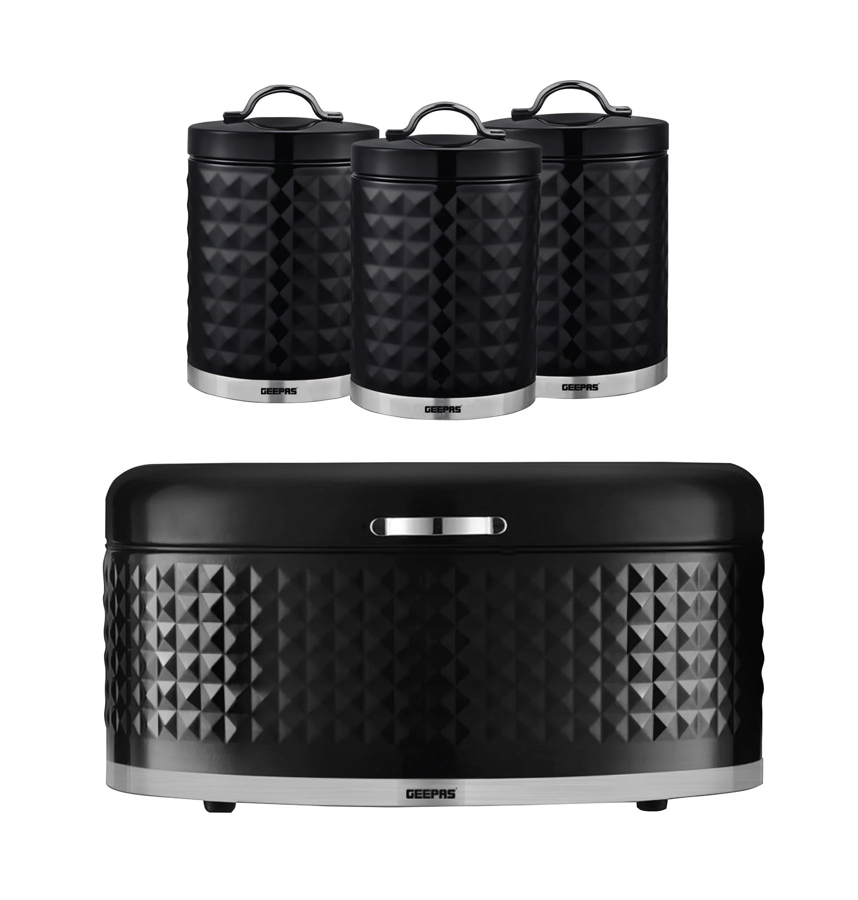 4Pc Tea Coffee Sugar Canister 1.3L & 9L Bread Bin Set Argyle Black