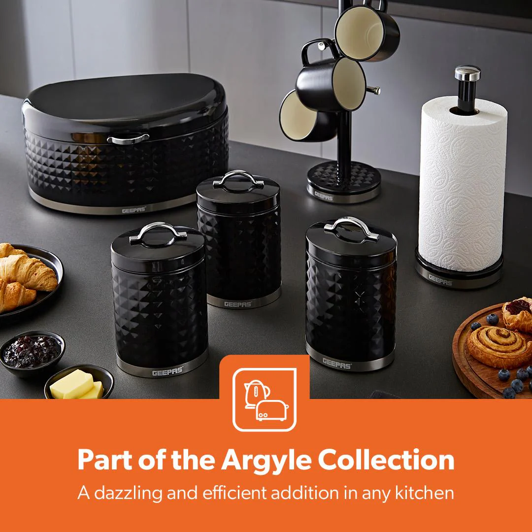 4Pc Tea Coffee Sugar Canister 1.3L & 9L Bread Bin Set Argyle Black - Image 3